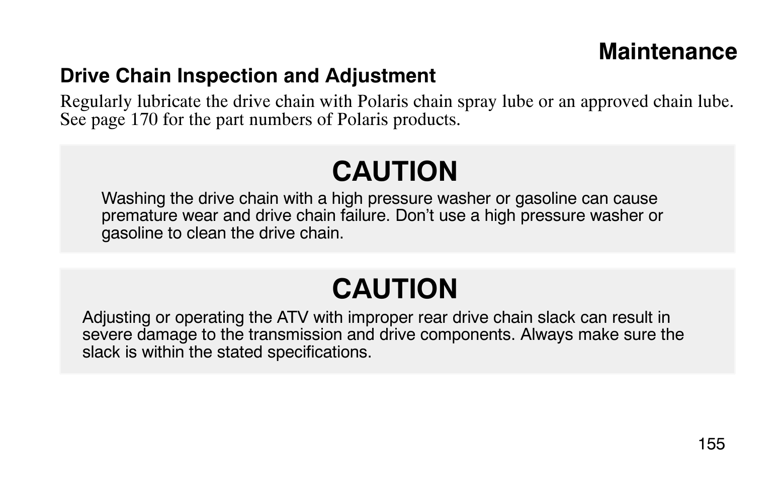 Caution, Maintenance | Polaris Sprotsman 90 User Manual | Page 157 / 188