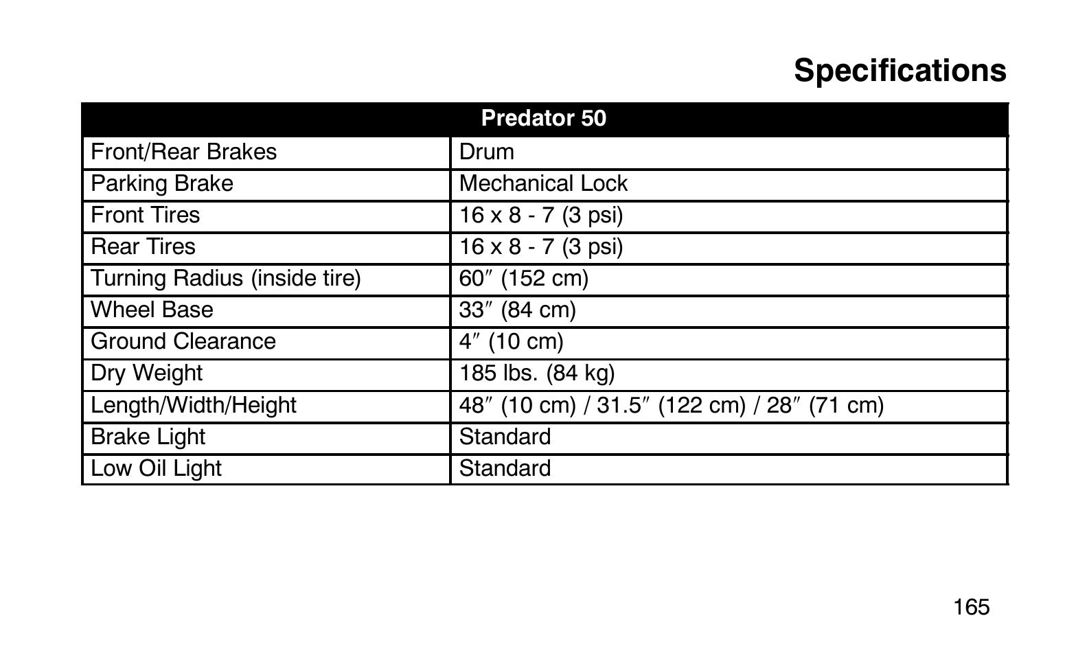 Specifications | Polaris Sprotsman 90 User Manual | Page 167 / 188