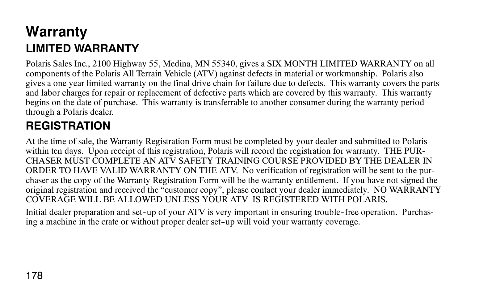 Warranty | Polaris Sprotsman 90 User Manual | Page 180 / 188