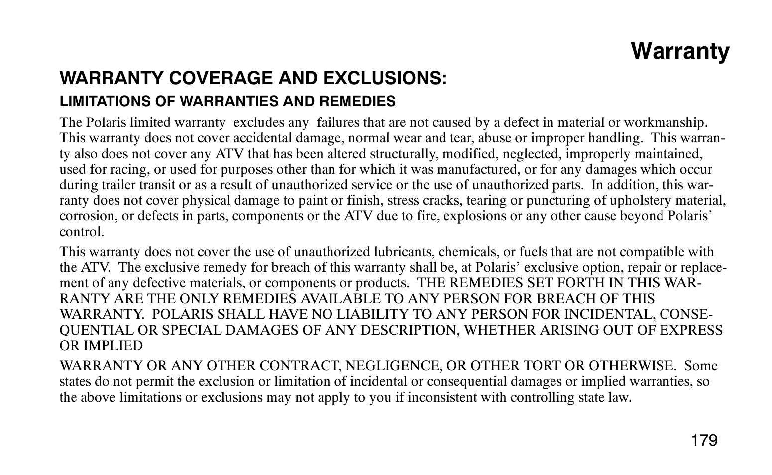 Warranty | Polaris Sprotsman 90 User Manual | Page 181 / 188