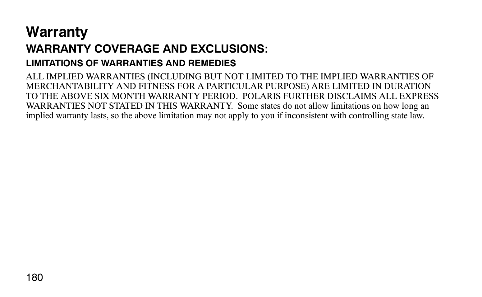 Warranty | Polaris Sprotsman 90 User Manual | Page 182 / 188