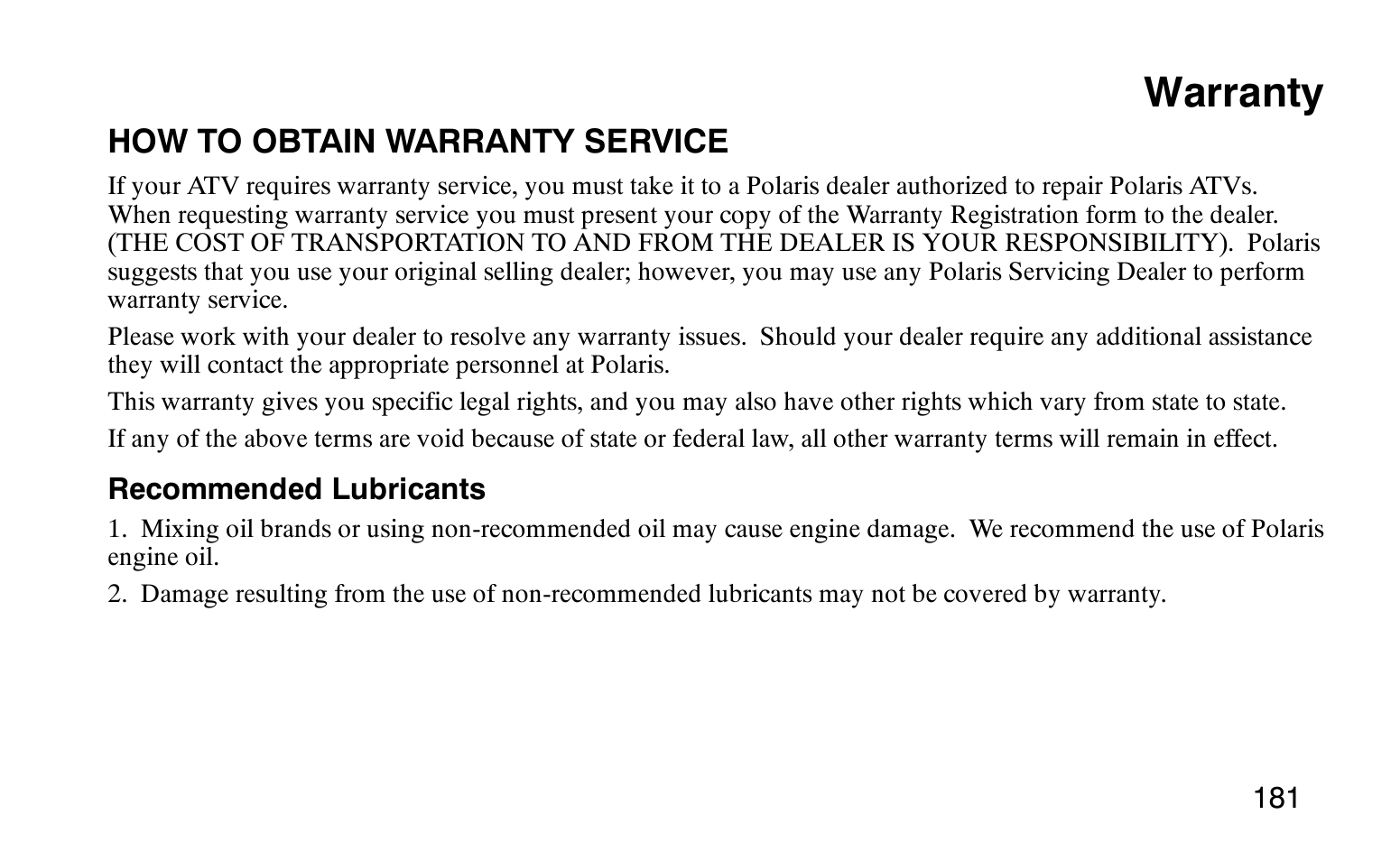 Warranty | Polaris Sprotsman 90 User Manual | Page 183 / 188