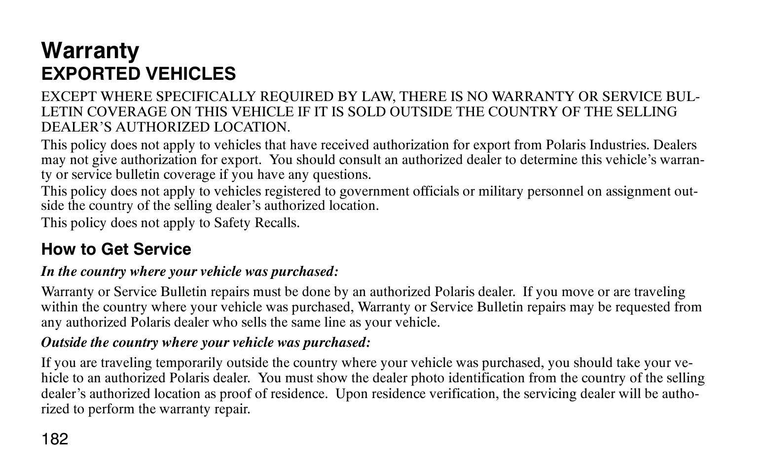 Warranty | Polaris Sprotsman 90 User Manual | Page 184 / 188