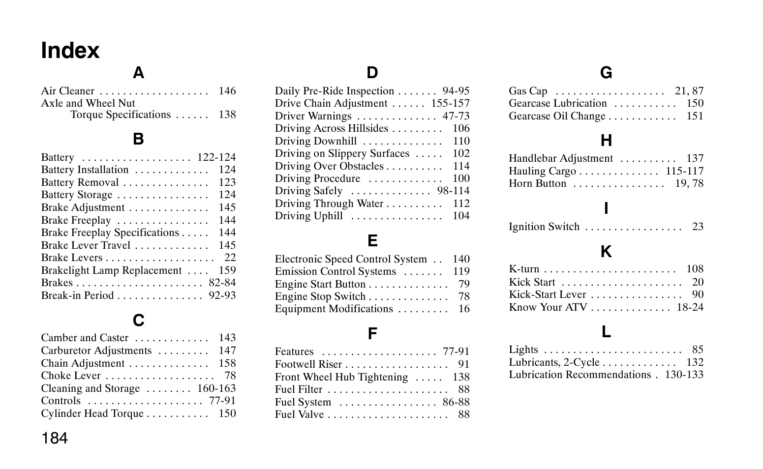 Index | Polaris Sprotsman 90 User Manual | Page 186 / 188