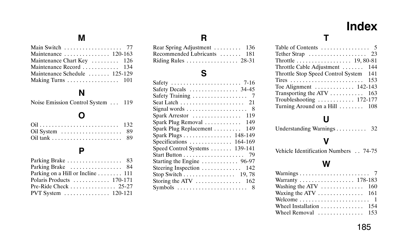 Index | Polaris Sprotsman 90 User Manual | Page 187 / 188