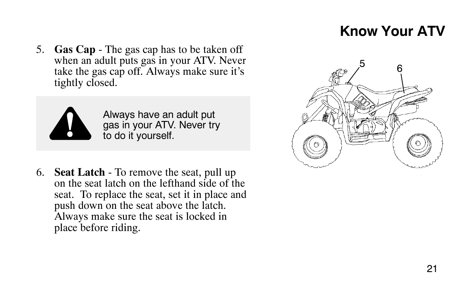 Know your atv | Polaris Sprotsman 90 User Manual | Page 23 / 188