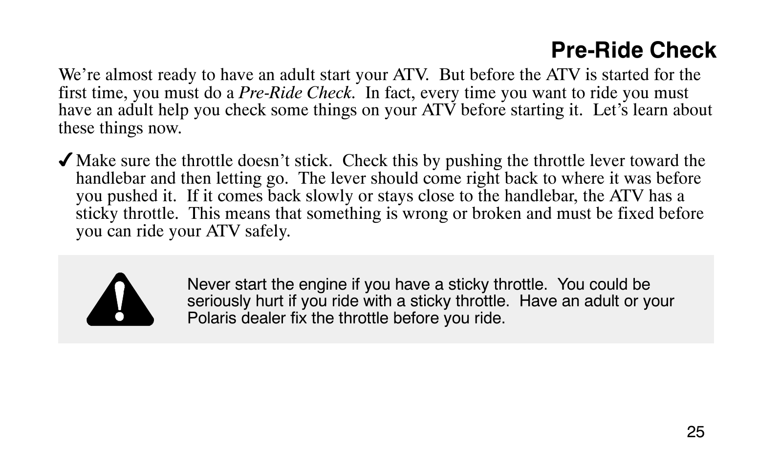 Pre-ride check | Polaris Sprotsman 90 User Manual | Page 27 / 188