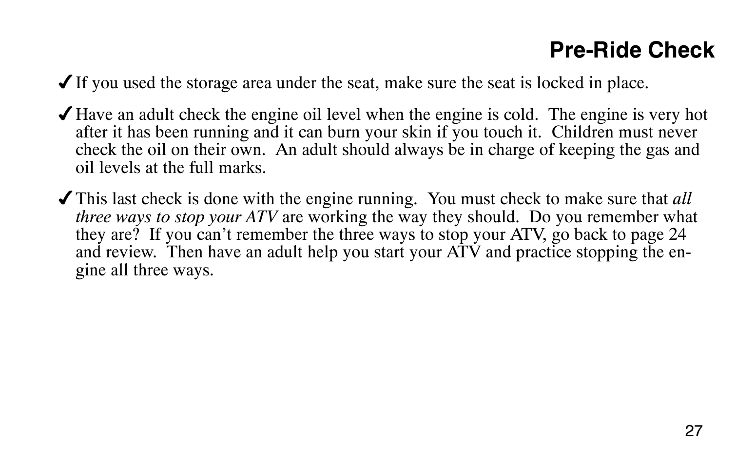 Pre-ride check | Polaris Sprotsman 90 User Manual | Page 29 / 188