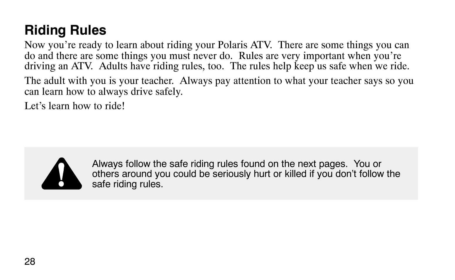 Riding rules | Polaris Sprotsman 90 User Manual | Page 30 / 188
