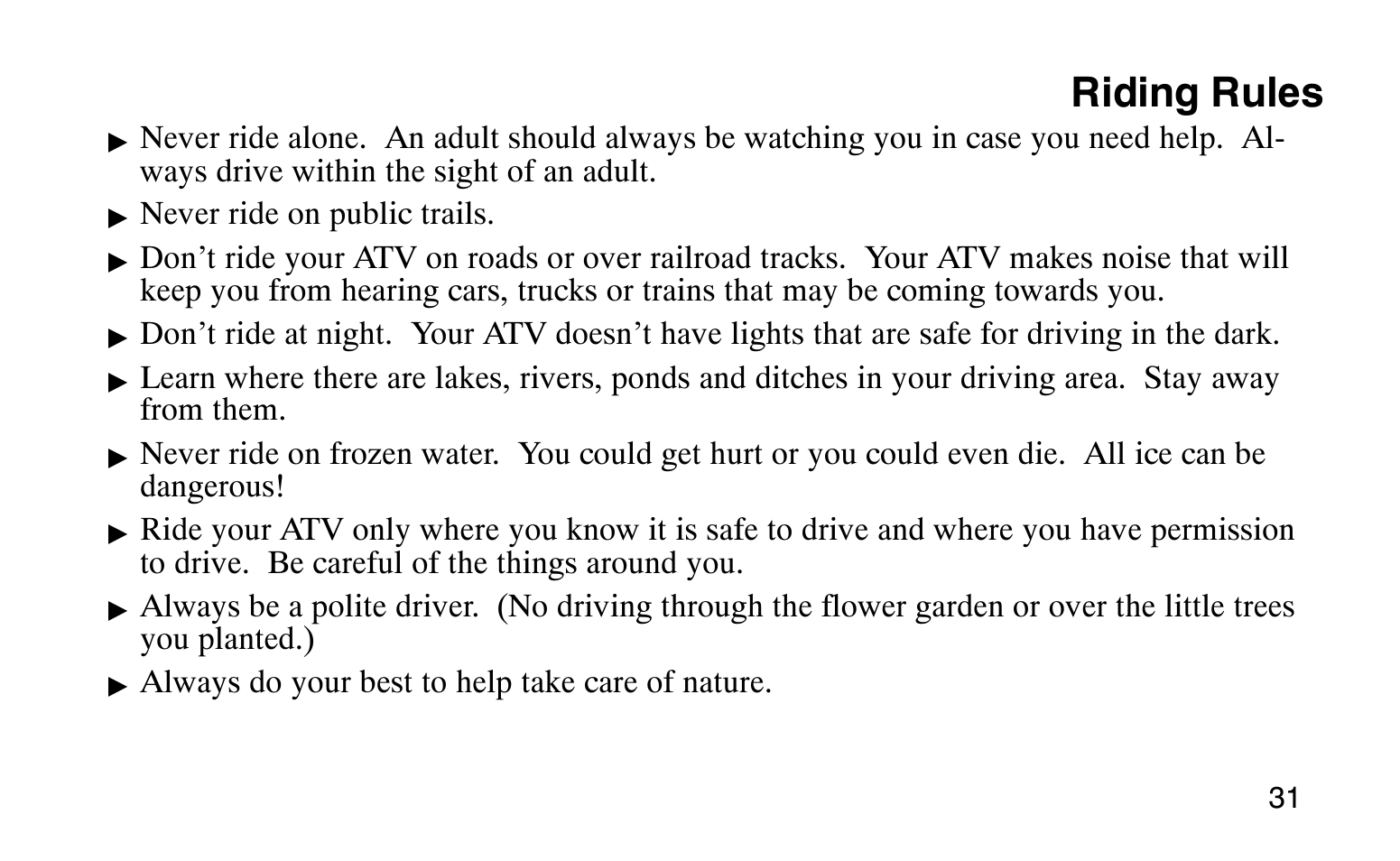 Riding rules | Polaris Sprotsman 90 User Manual | Page 33 / 188