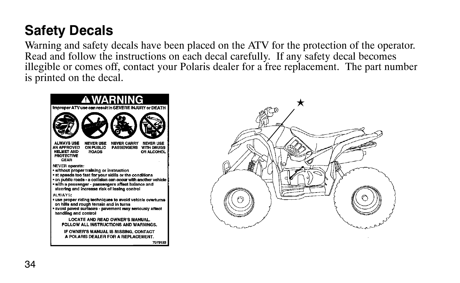Safety decals | Polaris Sprotsman 90 User Manual | Page 36 / 188