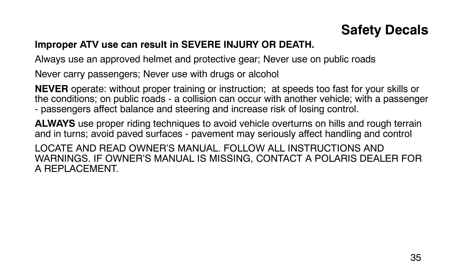 Safety decals | Polaris Sprotsman 90 User Manual | Page 37 / 188