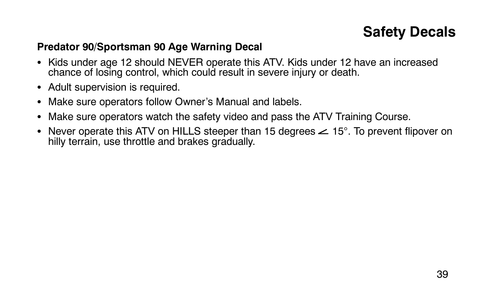 Safety decals | Polaris Sprotsman 90 User Manual | Page 41 / 188