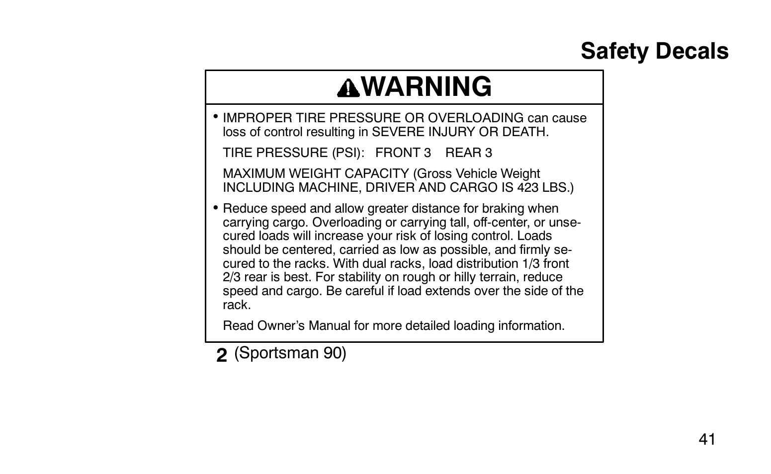 Warning, Safety decals | Polaris Sprotsman 90 User Manual | Page 43 / 188