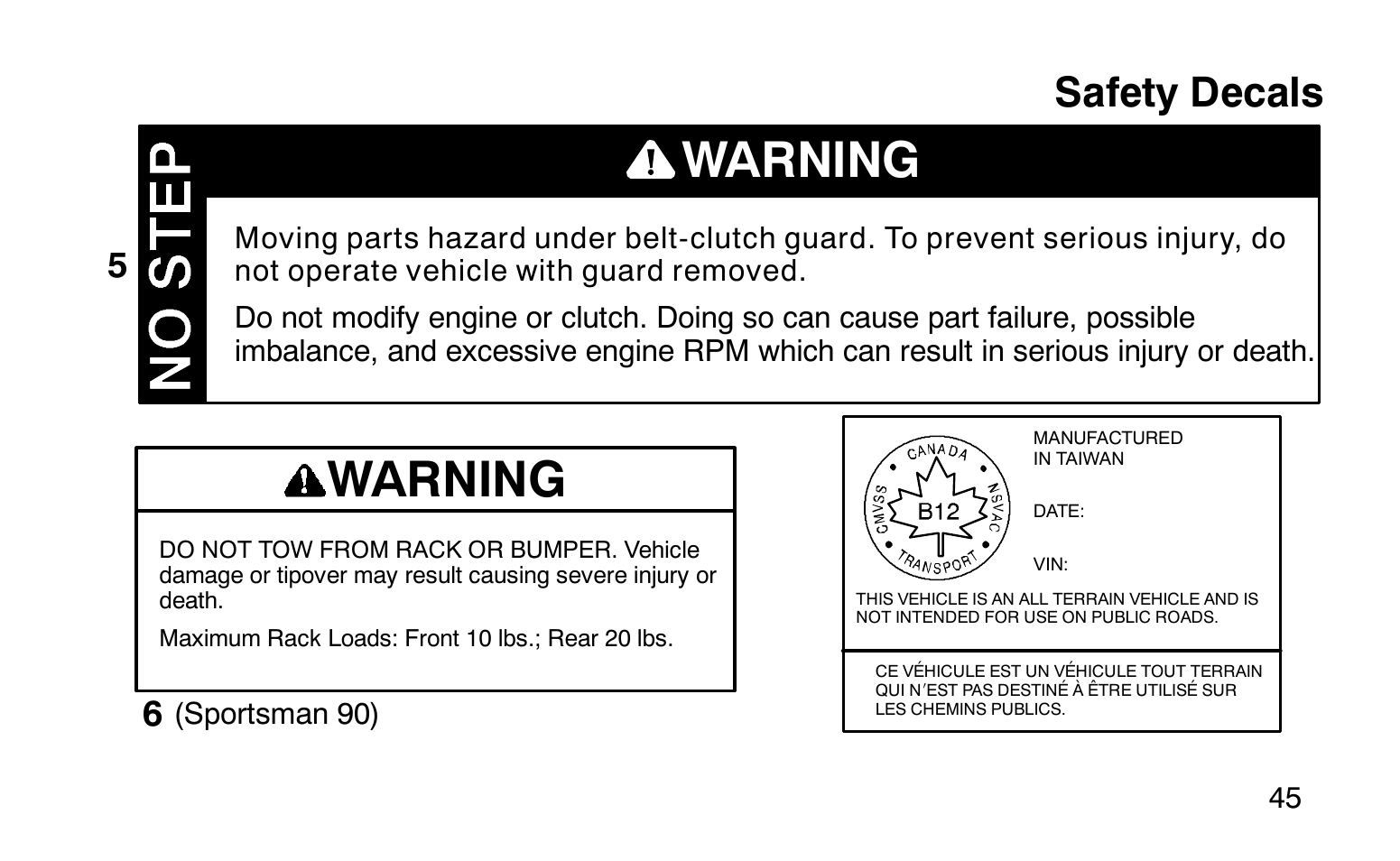 Warning, Safety decals | Polaris Sprotsman 90 User Manual | Page 47 / 188