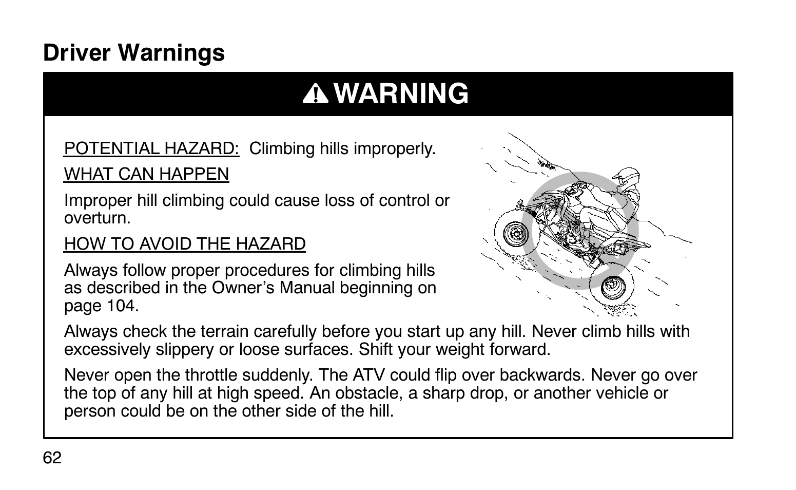 Warning, Driver warnings | Polaris Sprotsman 90 User Manual | Page 64 / 188