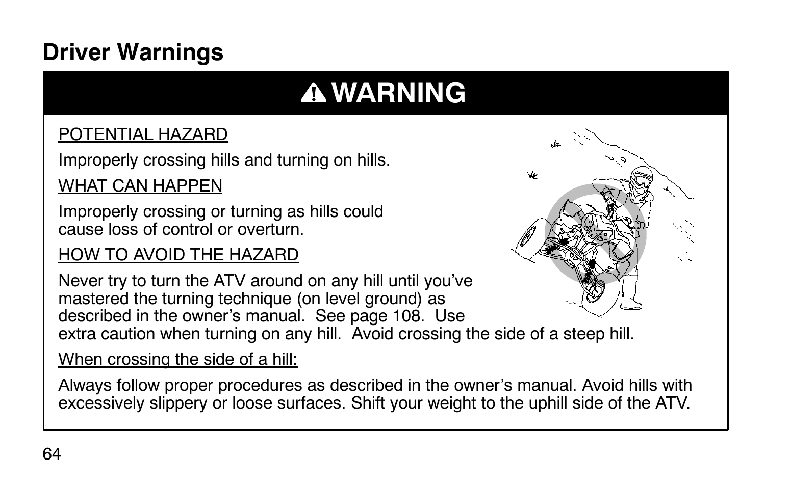 Warning, Driver warnings | Polaris Sprotsman 90 User Manual | Page 66 / 188