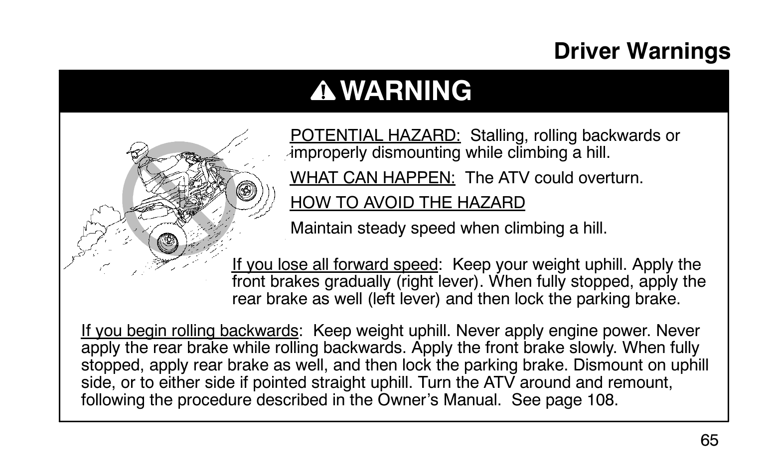 Warning, Driver warnings | Polaris Sprotsman 90 User Manual | Page 67 / 188