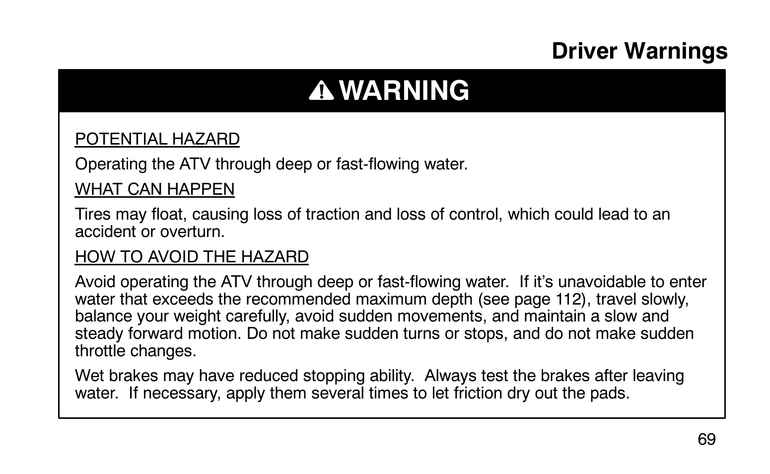 Warning, Driver warnings | Polaris Sprotsman 90 User Manual | Page 71 / 188