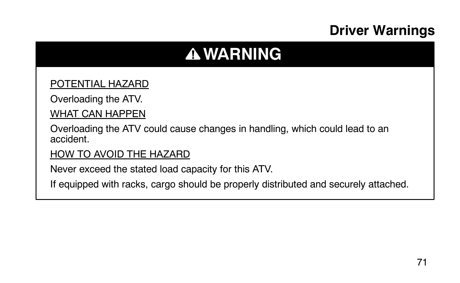 Warning | Polaris Sprotsman 90 User Manual | Page 73 / 188