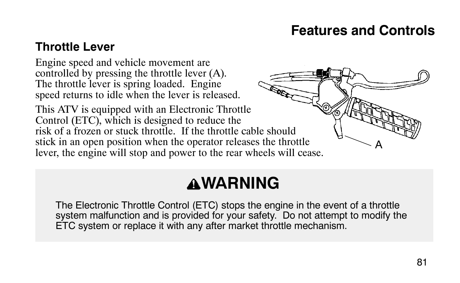 Warning, Features and controls | Polaris Sprotsman 90 User Manual | Page 83 / 188