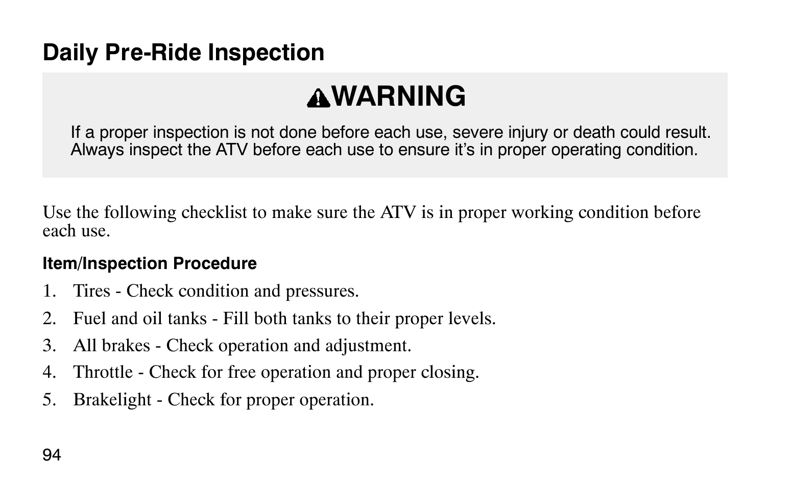 Warning, Daily pre-ride inspection | Polaris Sprotsman 90 User Manual | Page 96 / 188