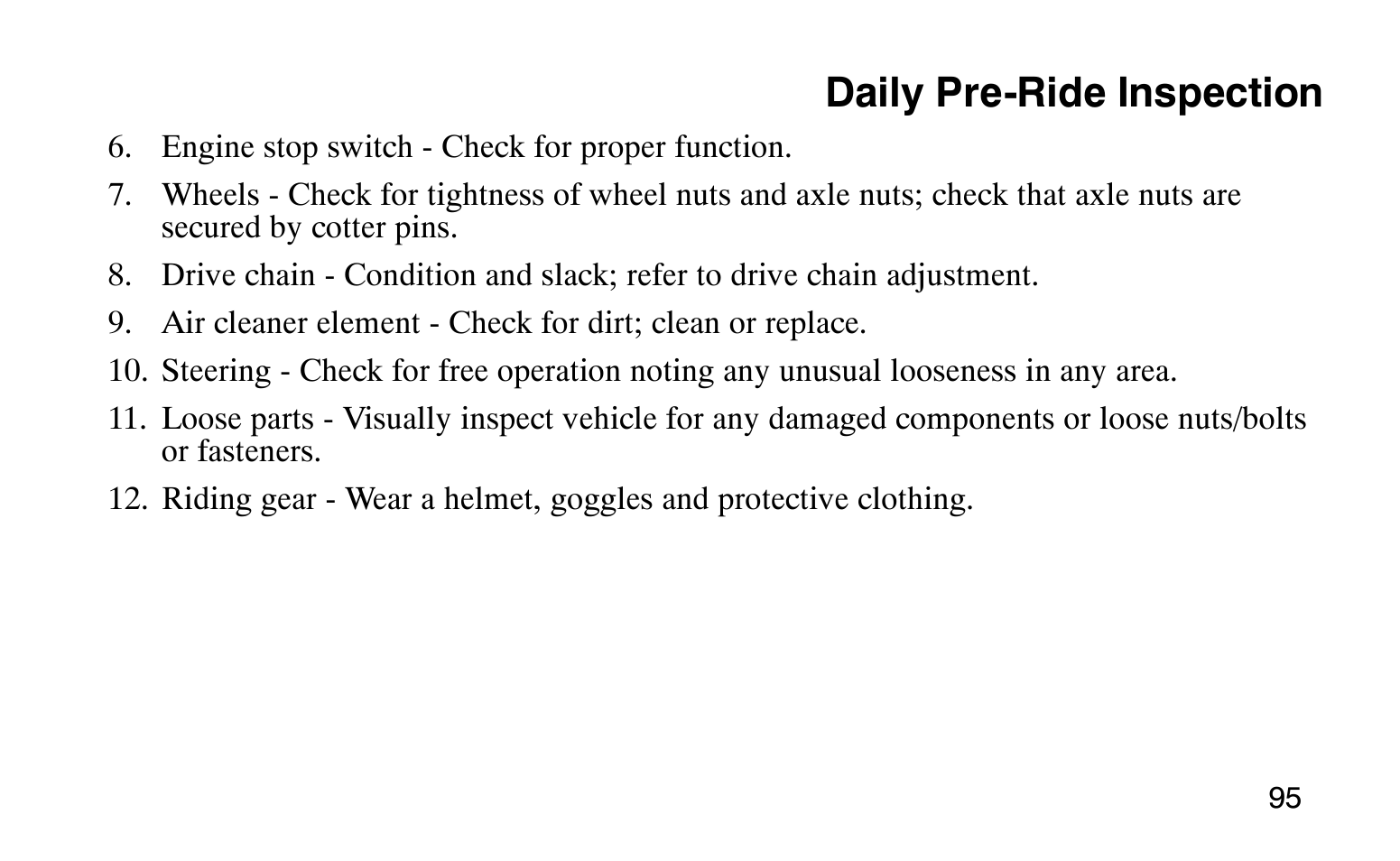 Daily pre-ride inspection | Polaris Sprotsman 90 User Manual | Page 97 / 188