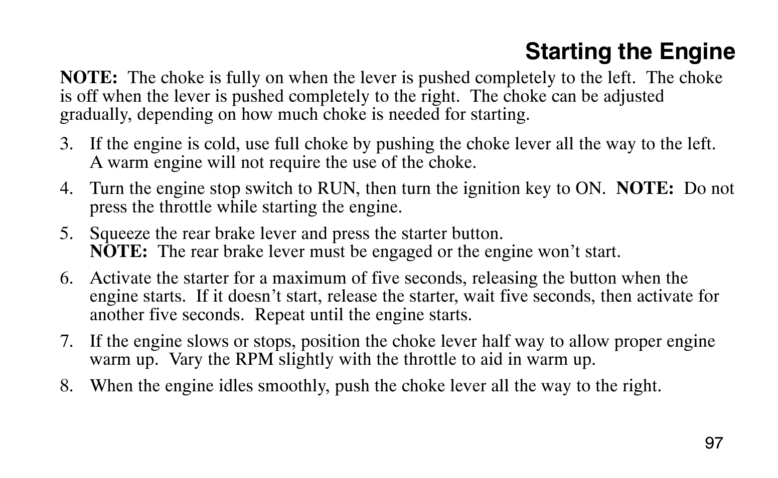 Starting the engine | Polaris Sprotsman 90 User Manual | Page 99 / 188