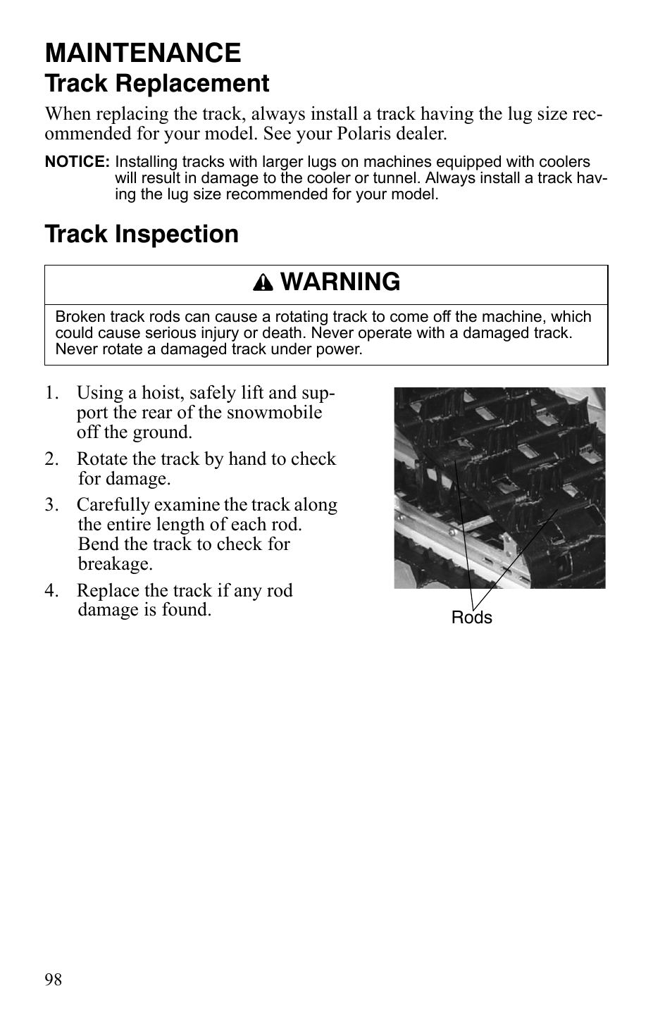 Maintenance, Track replacement, Track inspection | Warning | Polaris 600 RMK Shift User Manual | Page 101 / 133