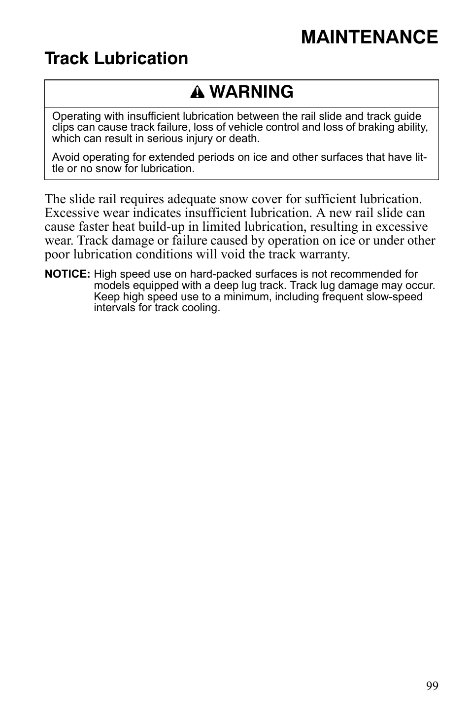 Maintenance, Track lubrication, Warning | Polaris 600 RMK Shift User Manual | Page 102 / 133