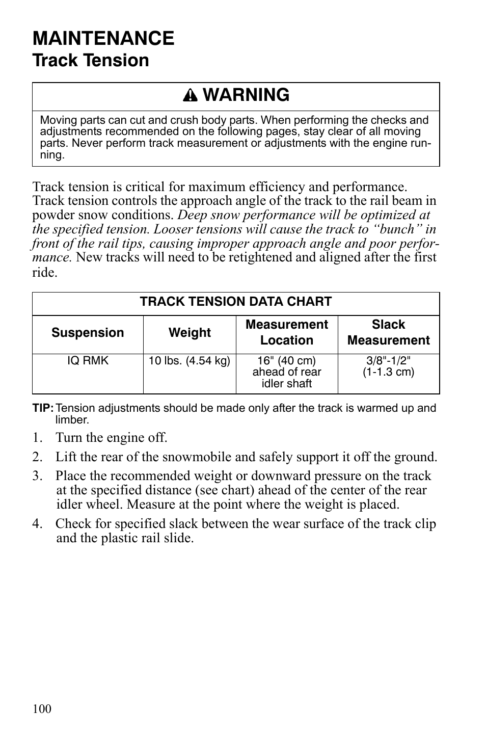 Maintenance, Track tension, Warning | Polaris 600 RMK Shift User Manual | Page 103 / 133