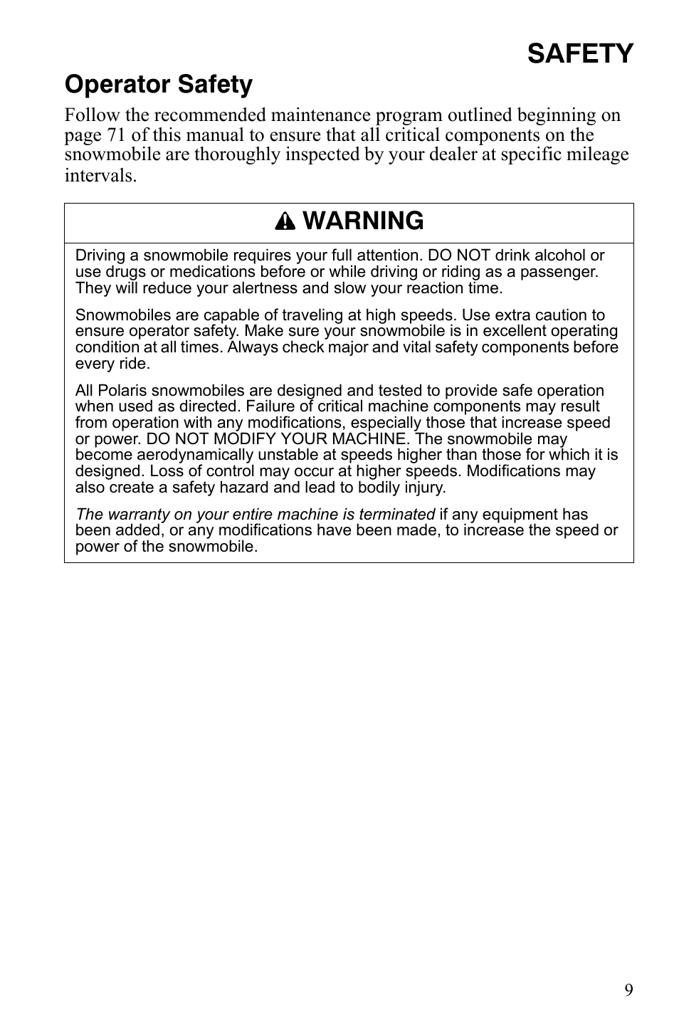 Safety, Operator safety, Warning | Polaris 600 RMK Shift User Manual | Page 12 / 133