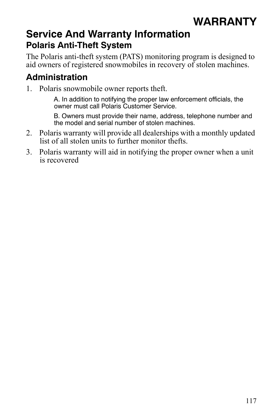 Warranty, Service and warranty information | Polaris 600 RMK Shift User Manual | Page 120 / 133