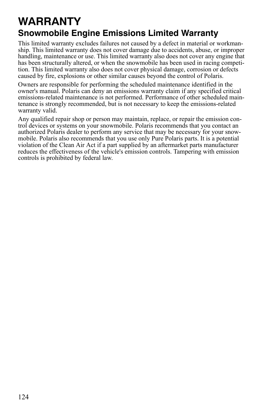 Warranty, Snowmobile engine emissions limited warranty | Polaris 600 RMK Shift User Manual | Page 127 / 133