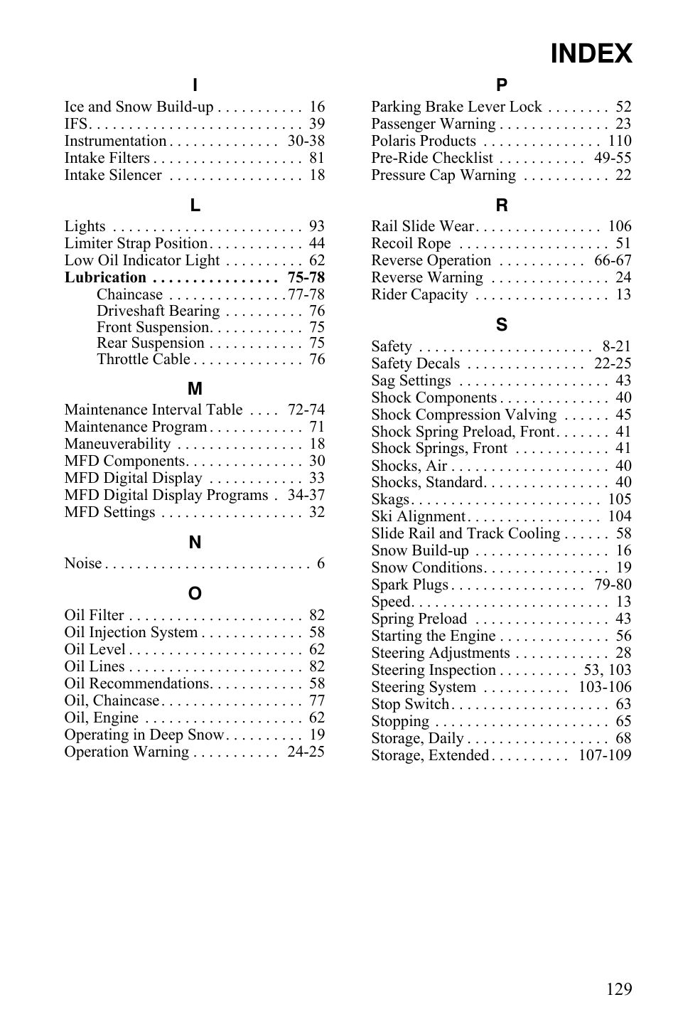 Index | Polaris 600 RMK Shift User Manual | Page 132 / 133