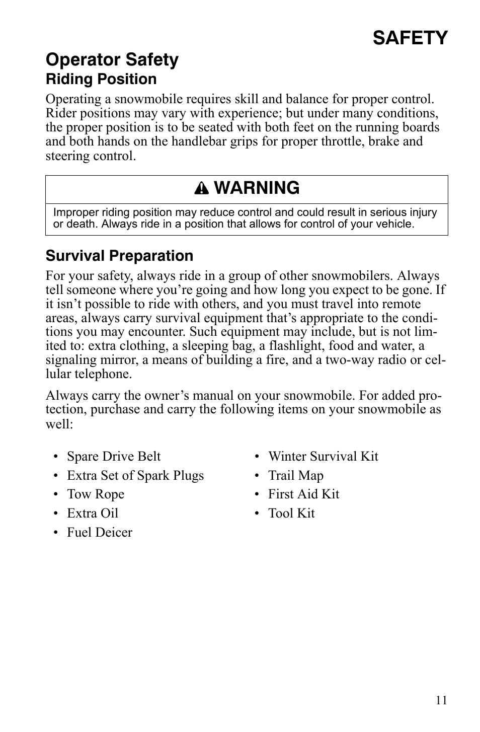 Safety, Operator safety, Warning | Polaris 600 RMK Shift User Manual | Page 14 / 133