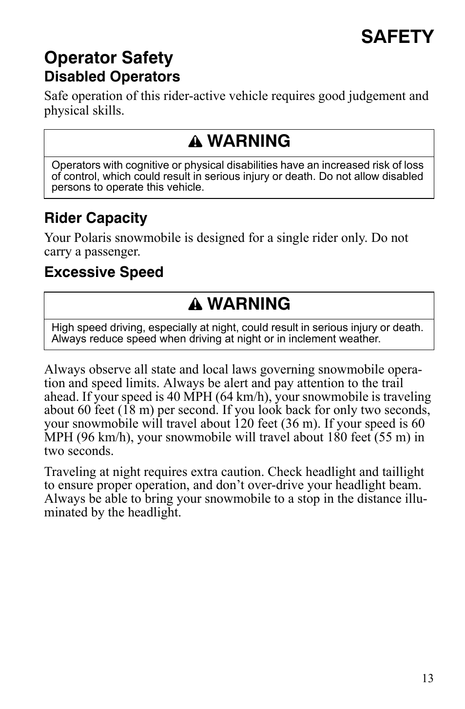 Safety, Operator safety, Warning | Polaris 600 RMK Shift User Manual | Page 16 / 133