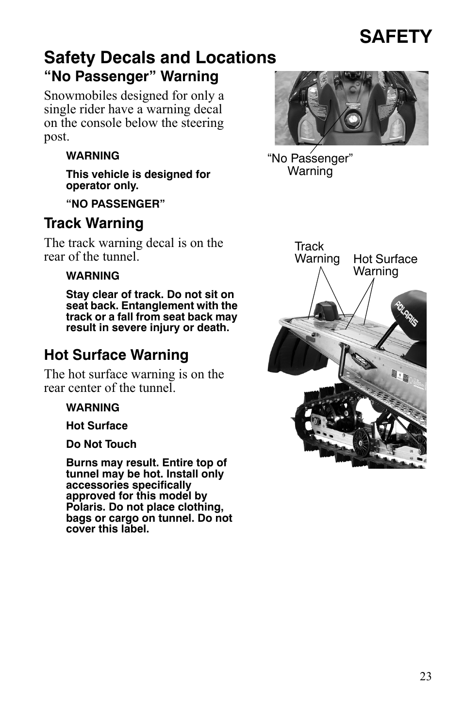 Safety, Safety decals and locations, No passenger” warning | Track warning, Hot surface warning | Polaris 600 RMK Shift User Manual | Page 26 / 133