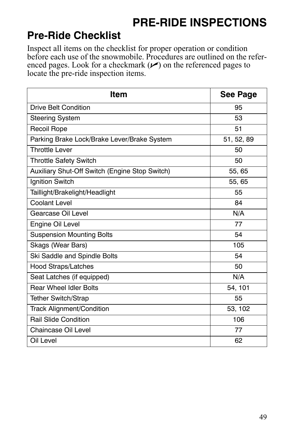 Pre-ride inspections, Pre-ride checklist | Polaris 600 RMK Shift User Manual | Page 52 / 133
