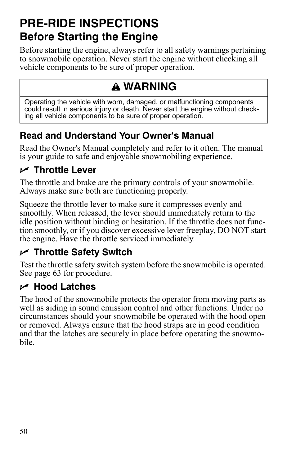 Pre-ride inspections, Before starting the engine, Warning | Polaris 600 RMK Shift User Manual | Page 53 / 133