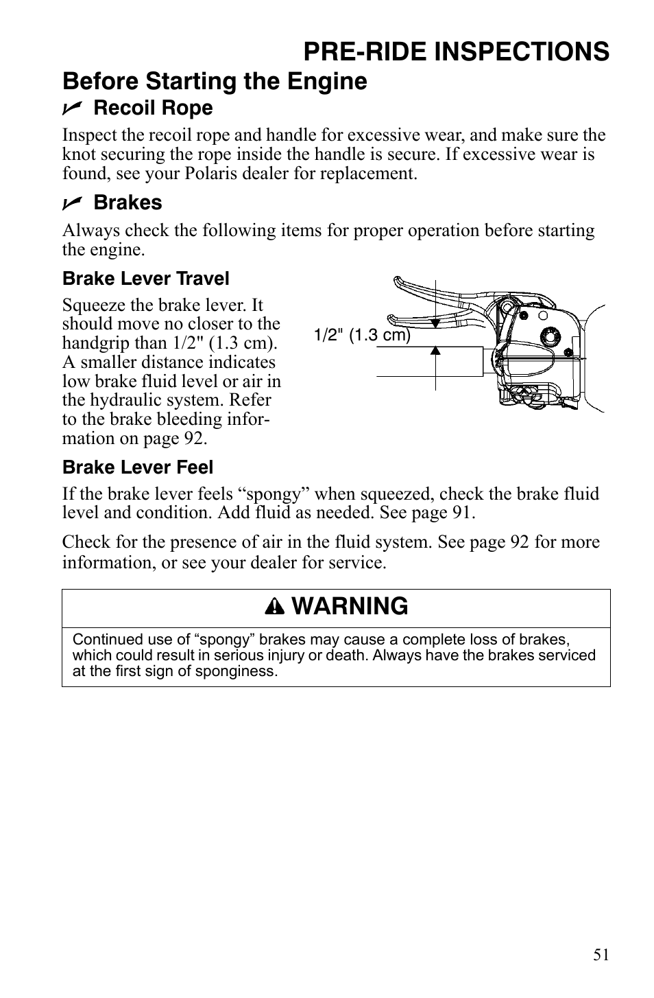Pre-ride inspections, Before starting the engine, Warning | Polaris 600 RMK Shift User Manual | Page 54 / 133