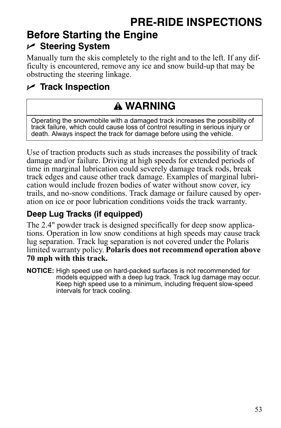 Pre-ride inspections, Before starting the engine, Warning | Polaris 600 RMK Shift User Manual | Page 56 / 133