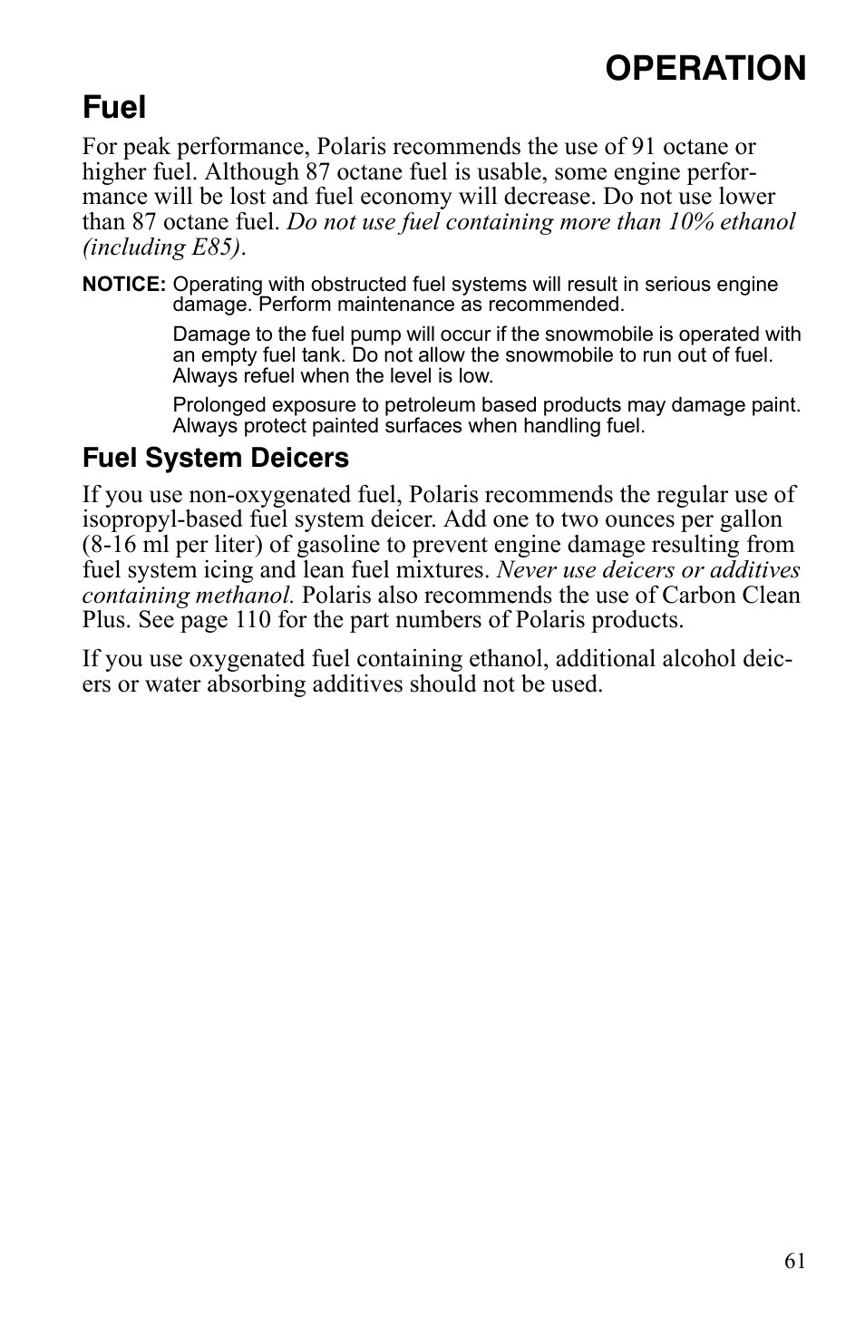 Operation, Fuel | Polaris 600 RMK Shift User Manual | Page 64 / 133
