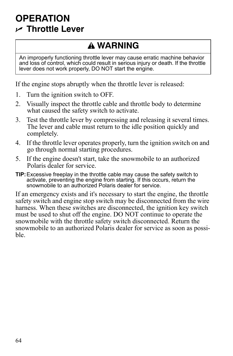 Operation, Throttle lever, Warning | Polaris 600 RMK Shift User Manual | Page 67 / 133