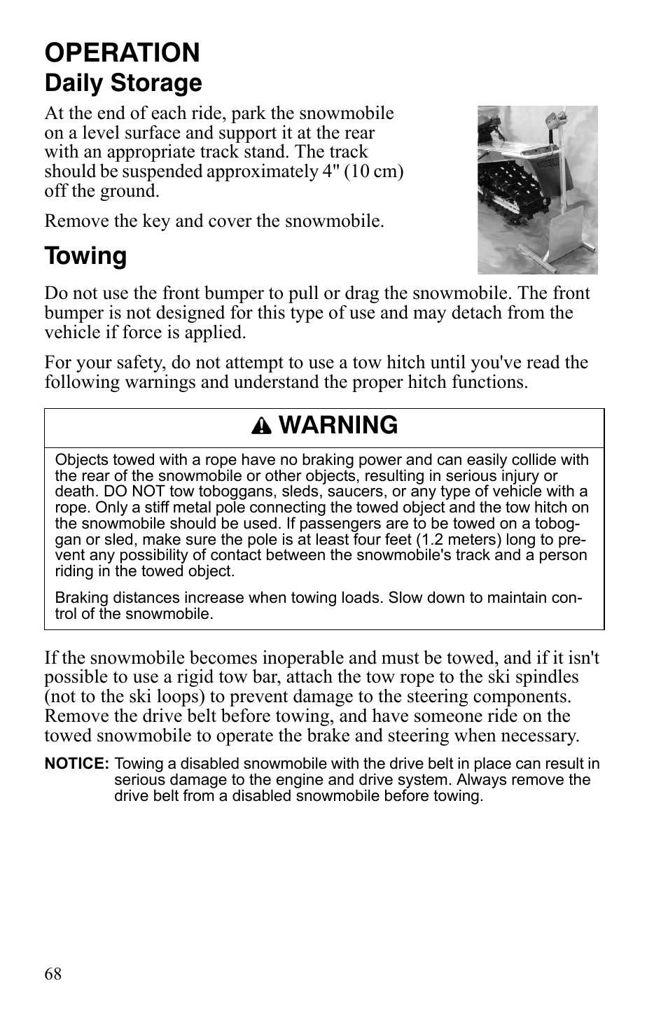 Operation, Daily storage, Towing | Warning | Polaris 600 RMK Shift User Manual | Page 71 / 133
