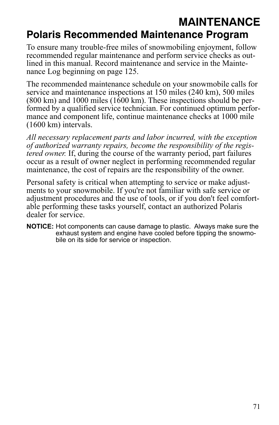 Maintenance, Polaris recommended maintenance program | Polaris 600 RMK Shift User Manual | Page 74 / 133