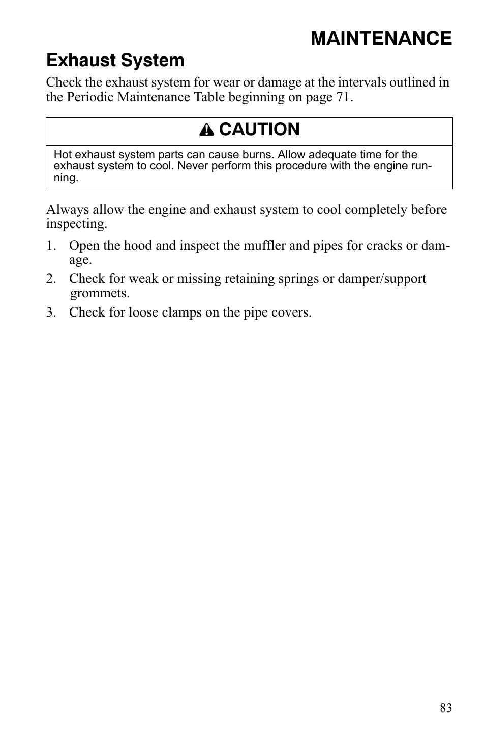 Maintenance, Exhaust system, Caution | Polaris 600 RMK Shift User Manual | Page 86 / 133