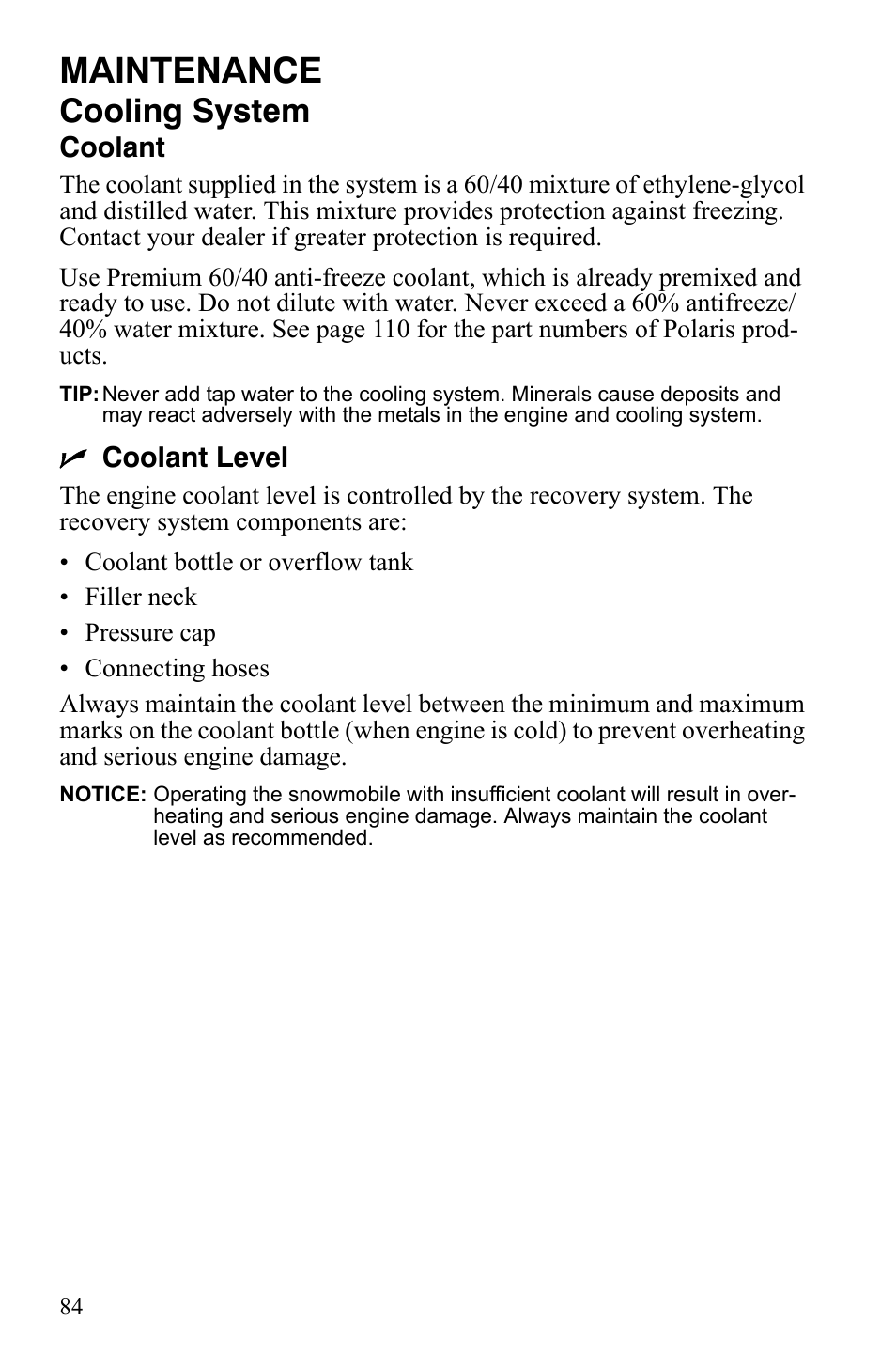 Maintenance, Cooling system | Polaris 600 RMK Shift User Manual | Page 87 / 133