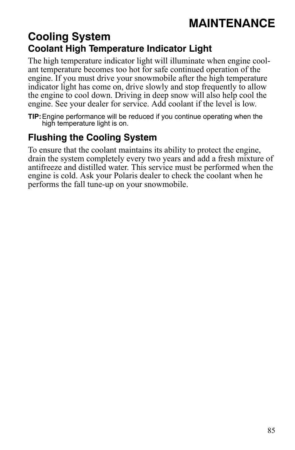 Maintenance, Cooling system | Polaris 600 RMK Shift User Manual | Page 88 / 133