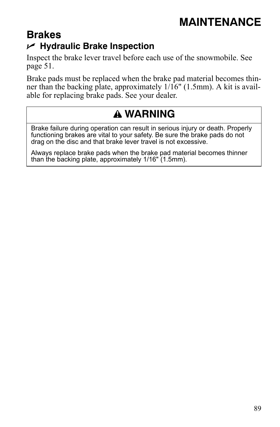 Maintenance, Brakes, Warning | Polaris 600 RMK Shift User Manual | Page 92 / 133